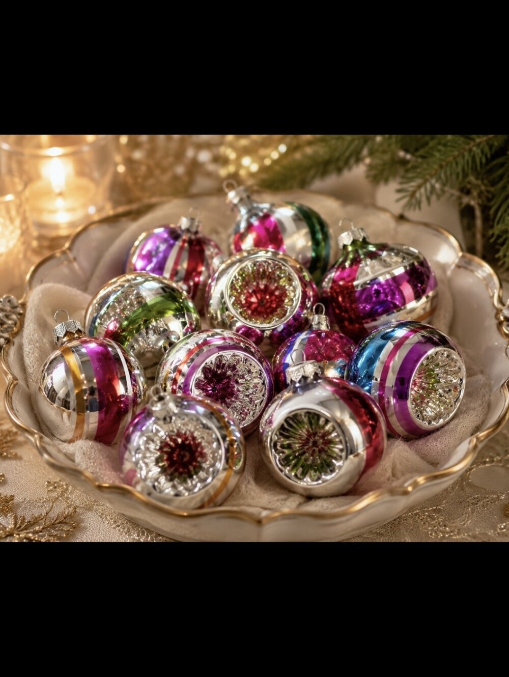 Vintage Handblown Colorful Striped Glass Christmas  Ornaments Set Of 12 Mixed